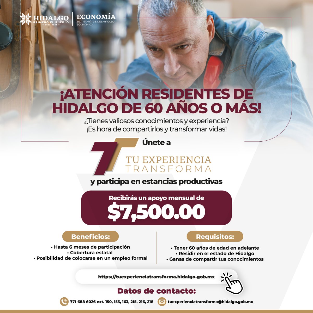 #TuExperienciaTransforma es el 1er programa a nivel nacional que vincula a las personas de más de 60 años al sector productivo y otorga un apoyo económico de $7,500 mensual al realizar una estancia productiva hasta por 6 meses.
Informes: 771 688 6026 ext. 150, 153, 163, 215, 216