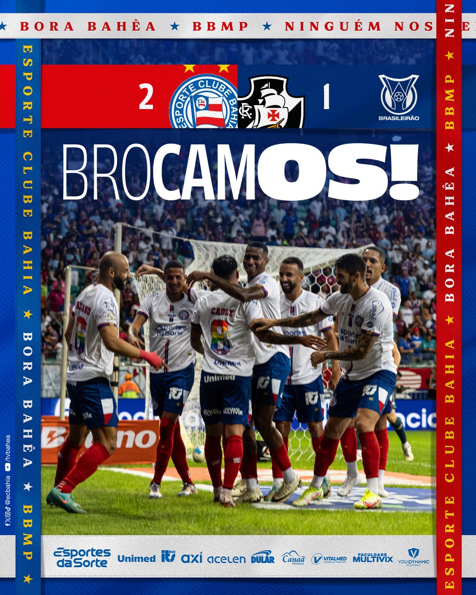 ecbahia's tweet photo. 🙌🏽 DE VOLTA AO TOPO! Esquadrão vence Vasco por 2 a 1 numa Fonte pulsando e reassume dianteira do Brasileira, ao lado do Flamengo. Gols de Thaciano e Oscar. Vamo! #BBMP https://t.co/qsfnIeNKth