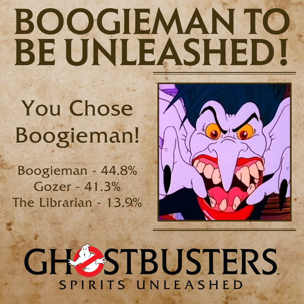 GBNewsdotcom's tweet photo. Following two weeks of fan voting, The Real Ghostbusters' Boogieman has been chosen to become a playable ghost in Ghostbusters: Spirits Unleashed, amassing 44.8% of the votes! 👻

FULL STORY: https://t.co/nL923V10vN https://t.co/LfcK719SYf