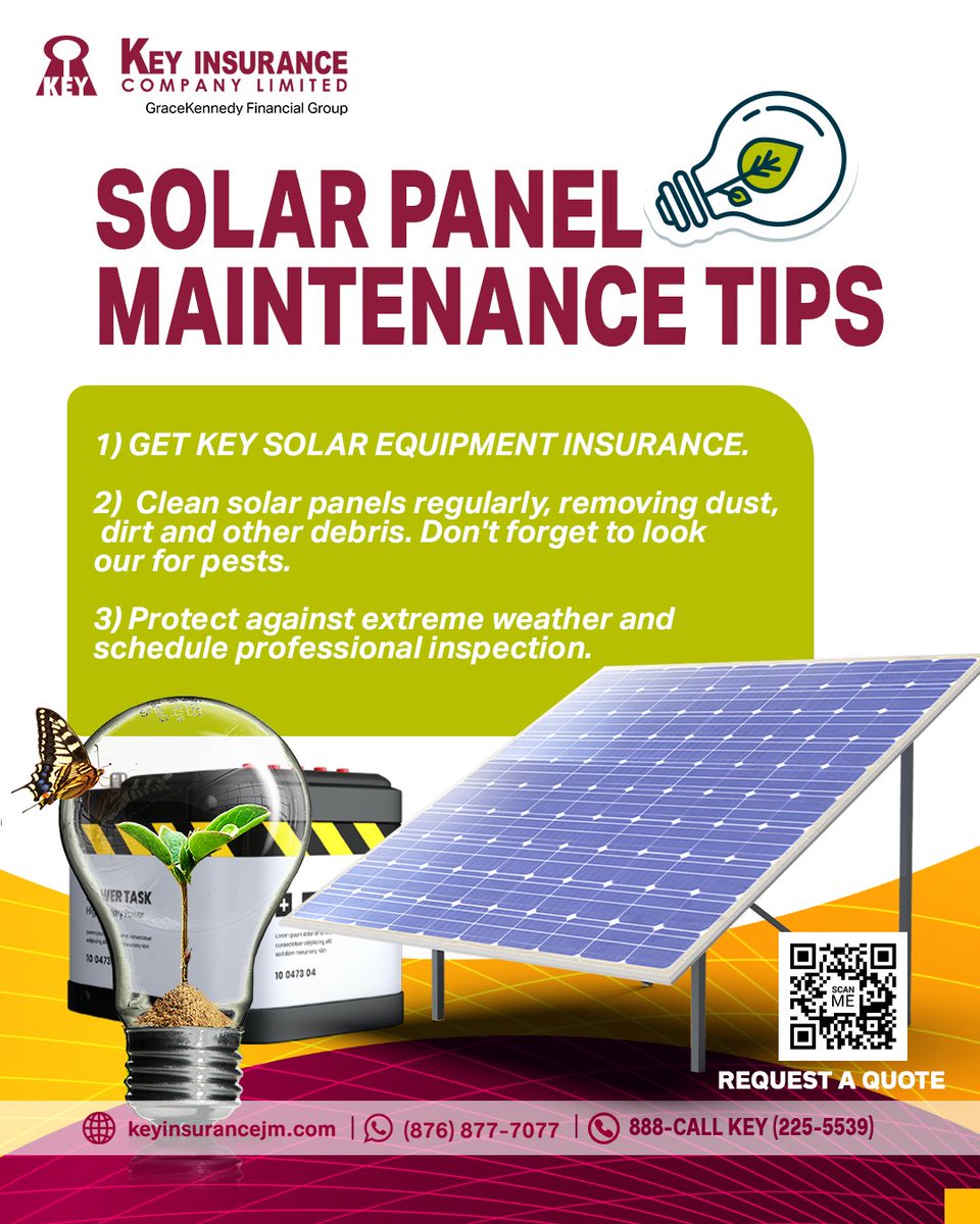 imwithkey's tweet image. Got a new solar panel installed recently? 

Here’s how you can protect your newest investment as you plug into the sun.☀️

🎯Visit our website: (Link in our bio) 
🎯WhatsApp us at: (876)877-7077 
🎯Call us at 888 CALL KEY (888-225-5539) 

#KeyInsurance #ThePeoplesInsurer for