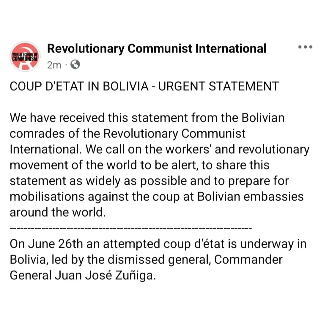 🚨COUP D'ETAT IN BOLIVIA - URGENT STATEMENT🚨 We call on the workers' and revolutionary movement of the world to be alert, to share this statement as widely as possible and to prepare for mobilisations against the coup at Bolivian embassies around the World.