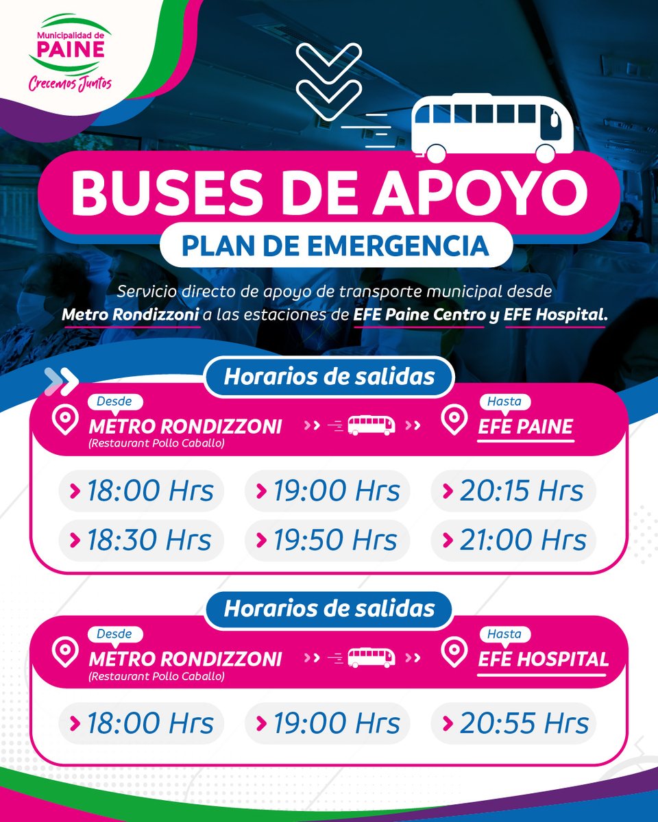 MunidePaine's tweet photo. ¡Queridos Vecinos!
Continuamos apoyando con los buses de acercamiento GRATUITOS. Aquí están los horarios: 
#Paine #TransportePublico #CrecemosJuntos #CrecemosConSeguridad https://t.co/5hm1mqMmEa