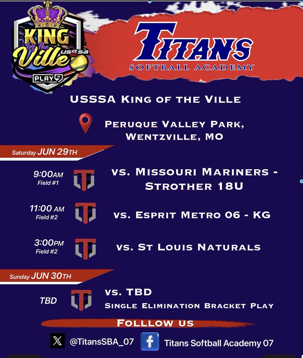 #OnTheRoad #USSSAFastpitch #KingofTheVille

Another weekend on the road.  This weekend, Titans heading to USSSAs King of the Ville, outside of St. Louis!  Follow us here, FB or Game Changer.
#TitanUpLockItDown