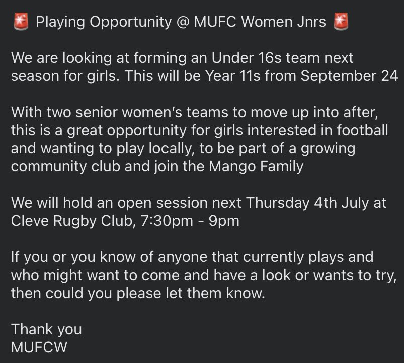 🚨 Playing Opportunity 🚨

With the expansion of the women’s section, we are looking for players for our U16s Girls team next season

See below:

#upthefield #Mangos #Villagefootballteam 

<a href="/GeorgeTJourno/">George Townsend</a> <a href="/swsportsnews/">South West Sports News</a> <a href="/bsoccerworld/">Bristol Soccerworld</a> <a href="/emersonsvoice/">Emersonsgreenvoice</a>