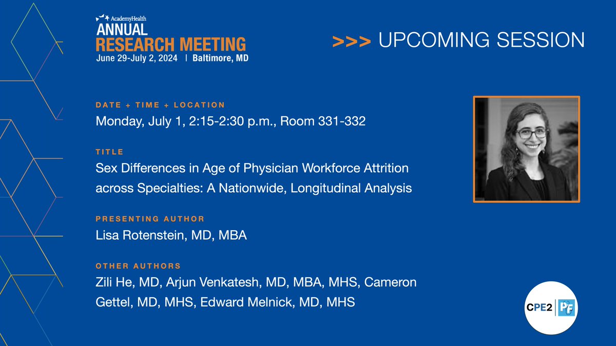 Center for Physician Experience (@cpe2_) on Twitter photo Hey <a href="/AcademyHealth/">AcademyHealth</a> #ARM2024 attendees! Interested in learning more about sex differences in age of physician workforce attrition? Check out <a href="/LisaRotenstein/">Lisa Rotenstein MD</a> 's presentation on this topic coming up at 2:15 p.m. EST in Rm 331-332. #CPE2 Hey <a href="/AcademyHealth/">AcademyHealth</a> #ARM2024 attendees! Interested in learning more about sex differences in age of physician workforce attrition? Check out <a href="/LisaRotenstein/">Lisa Rotenstein MD</a> 's presentation on this topic coming up at 2:15 p.m. EST in Rm 331-332. #CPE2