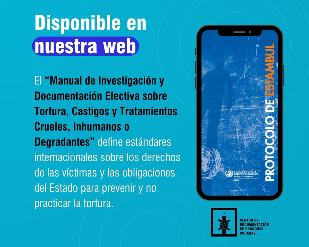 docubprisiones's tweet photo. 3/3 Accede en la #BibliotecaDDHH de nuestra página web al #ProtocoloDeEstambul, un valioso instrumento del derecho internacional humanitario, adoptado por @UNHumanRights en 2001.
📲🔗https://t.co/Muv1uHeuMB
#UnitedAgainstTorture #UnidosContraLaTortura #26June #26Junio #SRTorture #CAT
cc: @DrAliceJEdwards @OlGuz