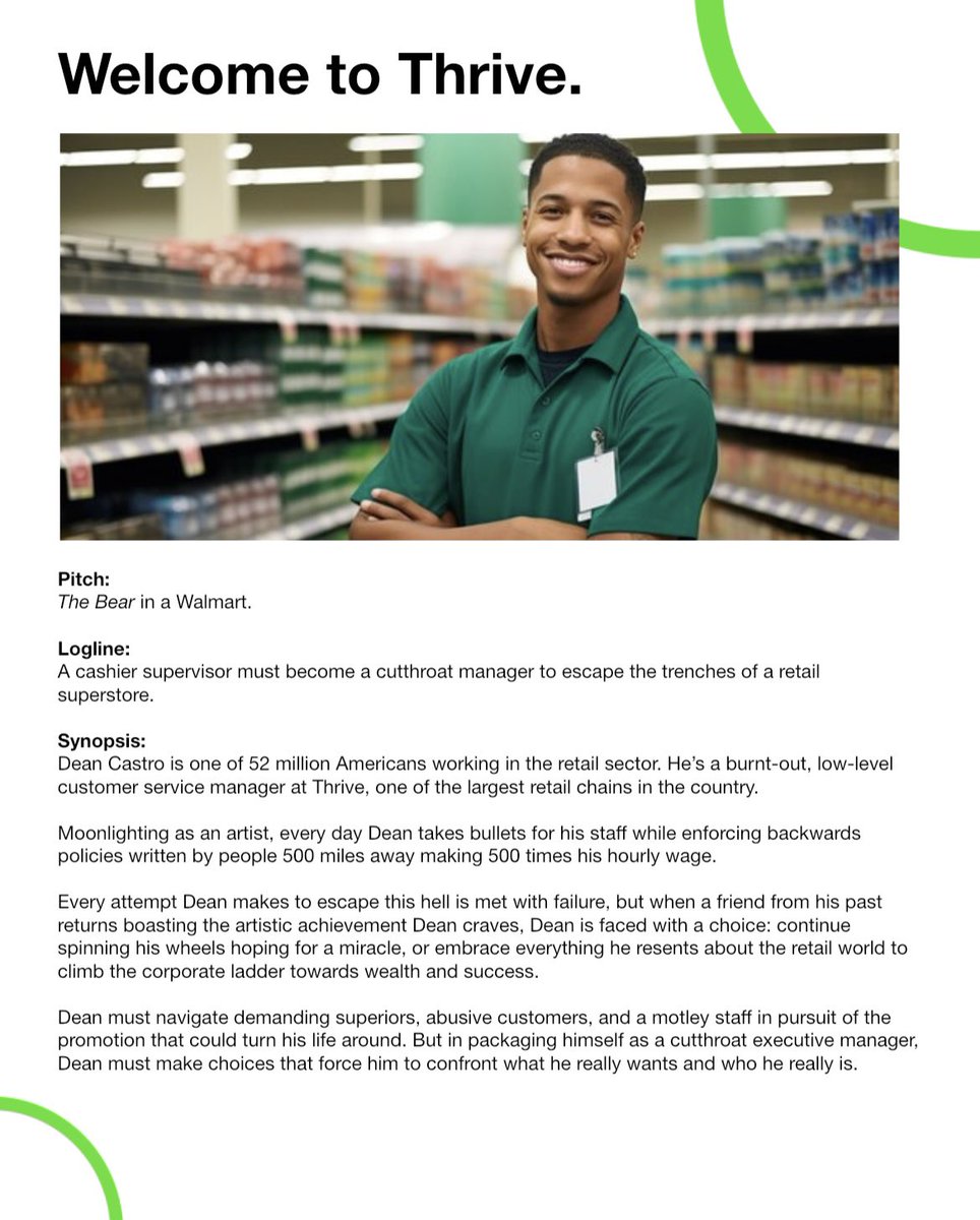 jeffreypatton's tweet photo. THRIVE
A cashier supervisor must become a cutthroat manager to escape the trenches of a retail superstore. 

“The Bear” in a Walmart.
1/2-hour drama

#ScreenPit #Pi #Drdy #Dr https://t.co/E8t4SbByyJ