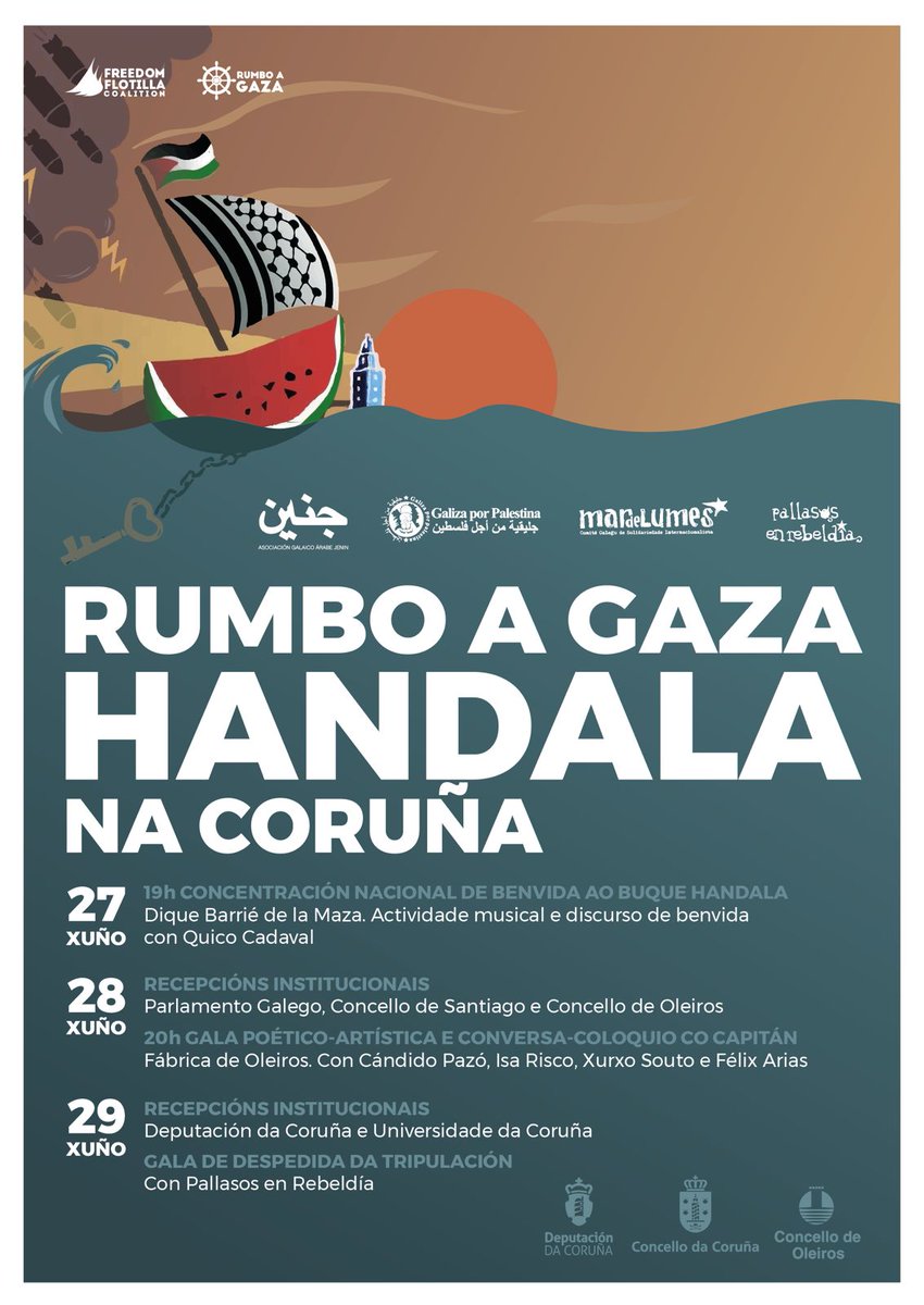 O #Handala fai parada na #Galiza na sua viaxe de dignidade a #Gaza, e esta é a axenda que temos preparada xunto coa <a href="/mardelumes/">Mar de Lumes</a> , AGA Jenin e <a href="/en_rebeldia/">Pallas@s en Rebeldía</a>. Da Coruña a Gaza o noso mar de solidariedade! 🇵🇸

#endblockade 
#freedomforpalestine 
#PalestinaLibre