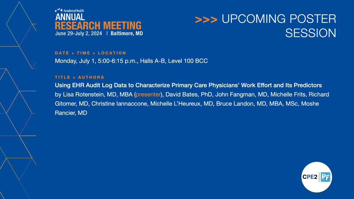 Center for Physician Experience (@cpe2_) on Twitter photo At <a href="/AcademyHealth/">AcademyHealth</a> #ARM2024? Check out @LisaRoteinstein's poster presentation on characterizing PCP's work effort using EHR audit log data at 5 p.m. EST in Halls A-B. #CPE2 At <a href="/AcademyHealth/">AcademyHealth</a> #ARM2024? Check out @LisaRoteinstein's poster presentation on characterizing PCP's work effort using EHR audit log data at 5 p.m. EST in Halls A-B. #CPE2