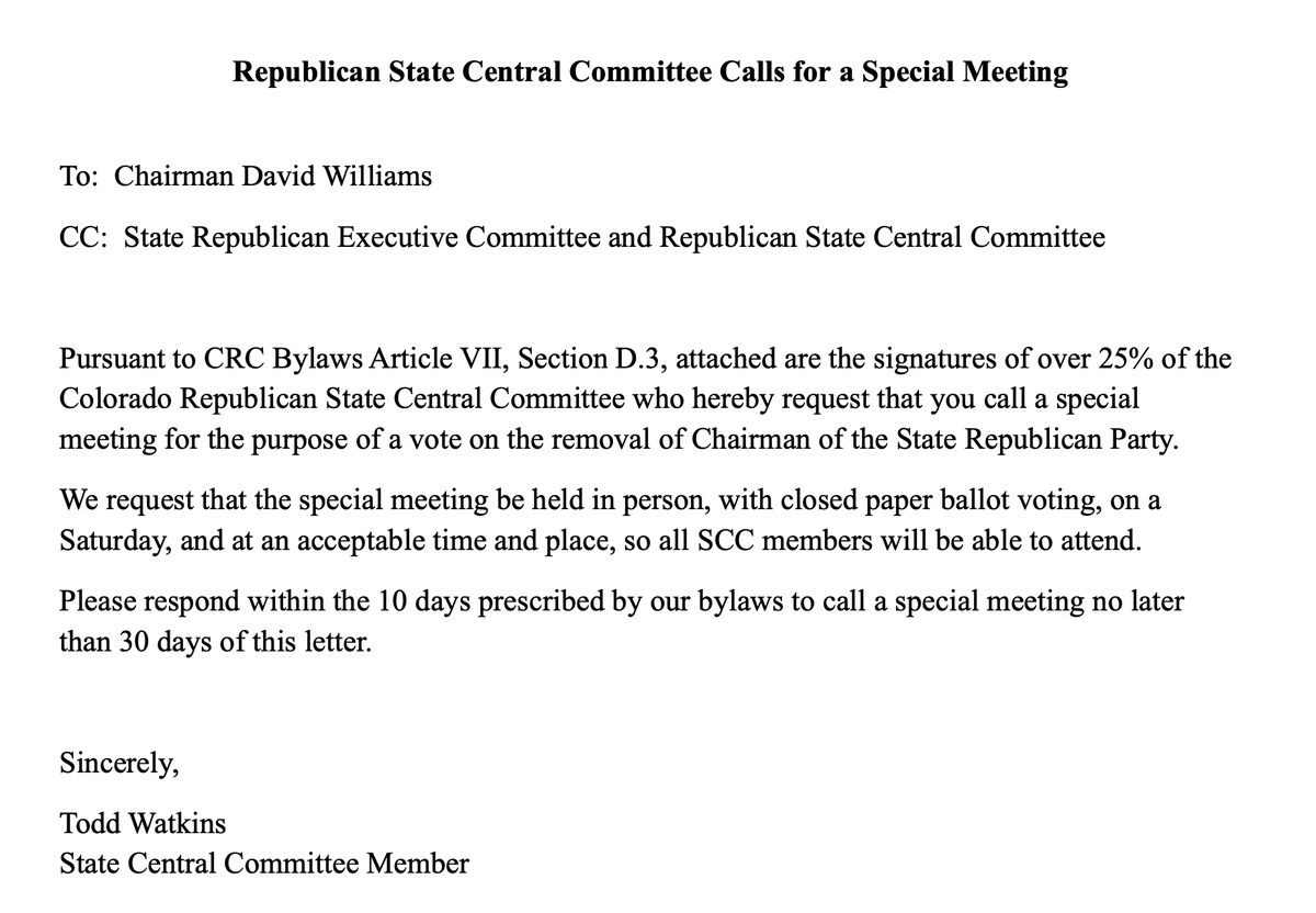 qpyoungnews's tweet photo. BREAKING: A contingent of Colorado Republicans formally submitted a petition today to state chair Dave Williams, who lost his CO05 primary election Tuesday, calling for a special meeting to vote on his removal as chair. https://t.co/lNL24e7pfq