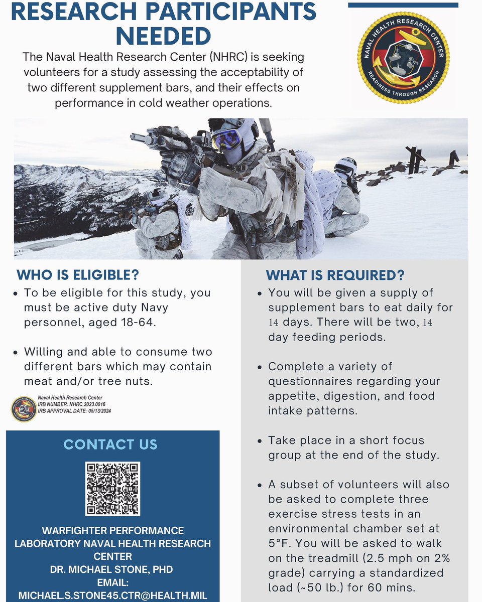 Research participants needed! 

Please review eligibility and reach out to Dr. Stone through the information provided if you’re interested! 

#navyresearch #militarymedicine