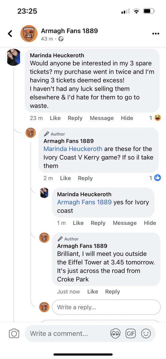 ArmaghFans1889's tweet photo. 3 tickets available for Ivory Coast V Kerry if anyone interested. Collection at the Eiffel Tower 👍🟠⚪️ https://t.co/pbZ1HuGi96