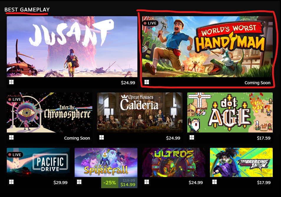 Absolutely thrilled to see my stealth comedy game, World's Worst Handyman, 4+ years in the making, nominated for Best Gameplay at #gamescomlatam! 🎉🛠️

Couldn’t have done it without your support! 🙏