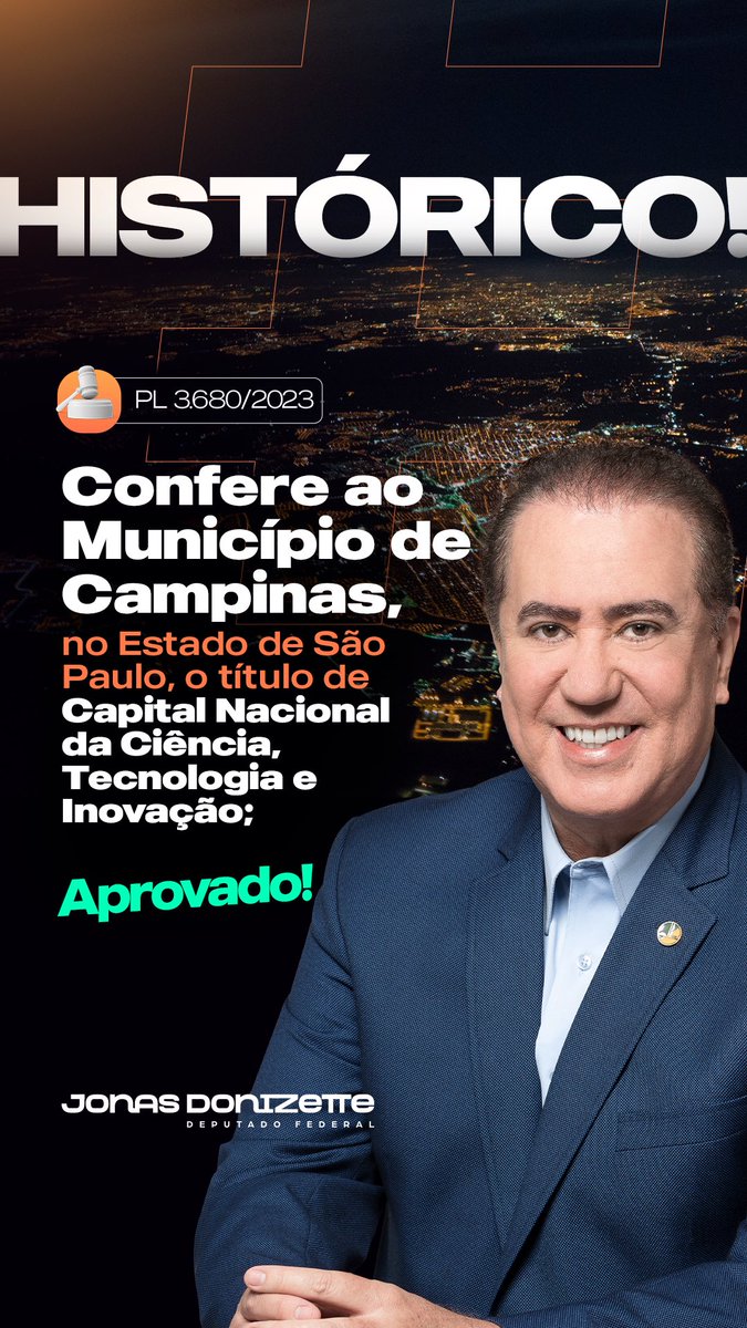Campinas é oficialmente a Capital da Ciência, Tecnologia e Inovação! Meu projeto de lei que concede este título foi aprovado nesta quarta-feira, na Câmara dos Deputados. Um presente com um significado muito especial. 

Parabéns, Campinas!