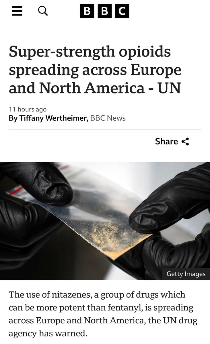 guyfelicella's tweet photo. 🚨BREAKING: Super-strength opioids spreading across Europe & N. America

‼️ FYI: THEY’RE ALREADY HERE ‼️

BIG BIG challenge on the way for those of us fighting the TOXIC DRUG CRISIS in BC ☹️

But it will be an even bigger challenge in places where policy makers are still insisting this is an “addiction crisis” and are handling it by scaling back harm reduction programs and building “common-sense” Recovery Oriented Systems of Care (ROSC) … with yoga.

FYI: Nitazenes were first developed in the 1950s as a pain medication but are so potent and addictive they have never been approved for medical or therapeutic use.

Story link 🔗 https://t.co/vCbi1u3MOk

#ToxicDrugCrisis #HarmReduction #Recovery #AllTheTools #CANpoli #ABpoli #BCpoli