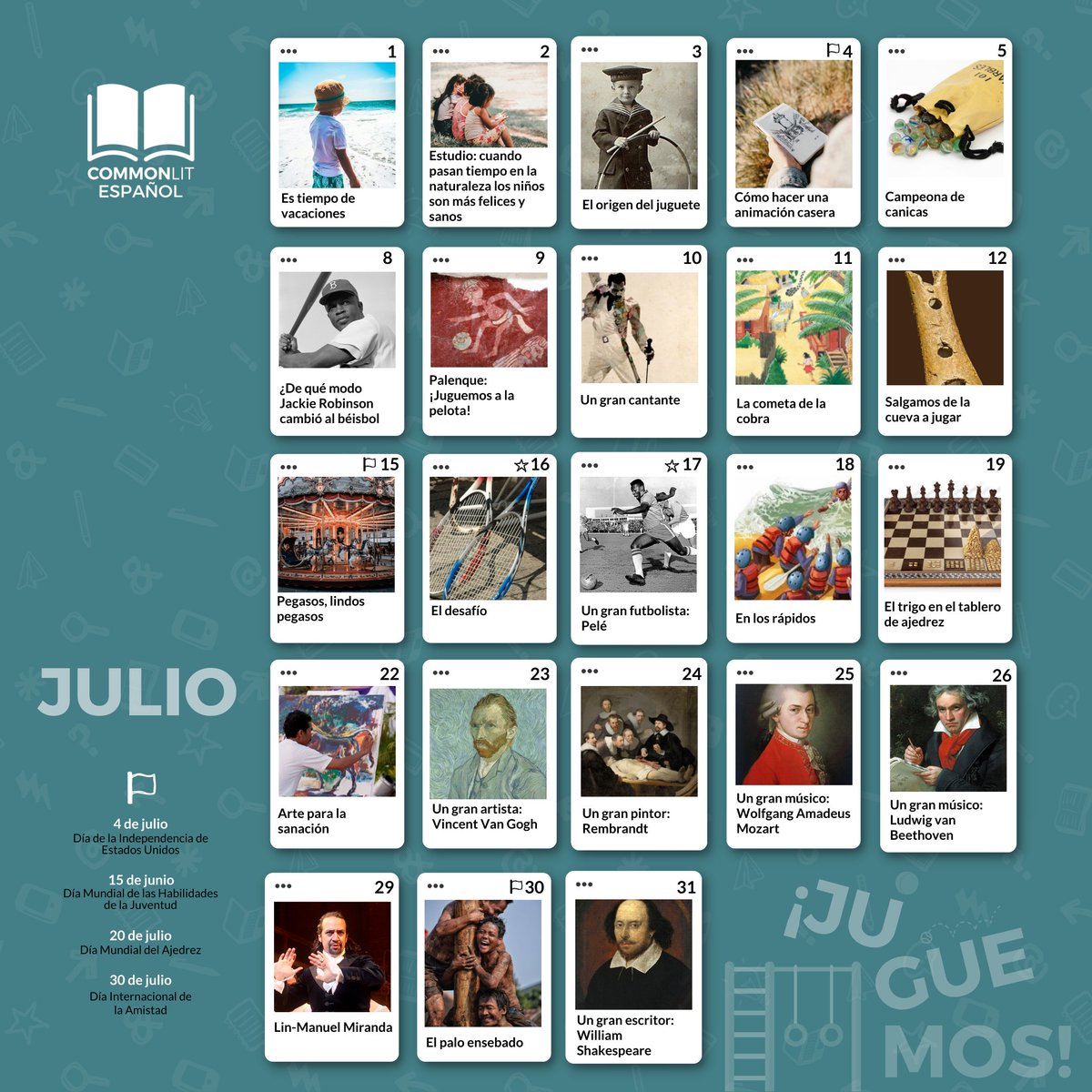 CommonLitES's tweet image. 🥏=🛹¡Juguemos en julio!
 ¡Que estas vacaciones estén llenas de aventuras, diversión y aprendizajes! 🎨⚽
Mantén a tus estudiantes motivados y comprometidos con lecturas que inspiran y educan, incluso durante el verano. ¡Haz clic en cada texto! 
👉 bit.ly/3VLZclk