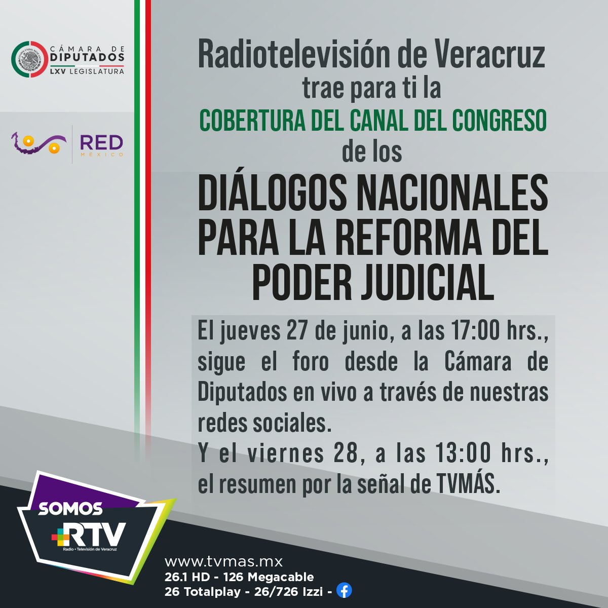 RTVVeracruz's tweet image. 📣 Sigue los Diálogos Nacionales para la #ReformaDelPoderJudicial a través de @TVMASVeracruz y plataformas digitales de RTV.