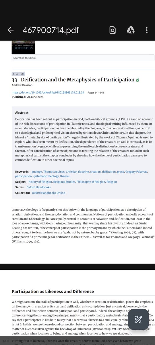 This monster will be published in print on 30 June, and is already online: The Oxford Handbook of Deification, edited by Paul L. Gavrilyuk, Andrew Hofer, OP, and the ever-industrious Matthew Levering. I have a chapter on deification and participation.