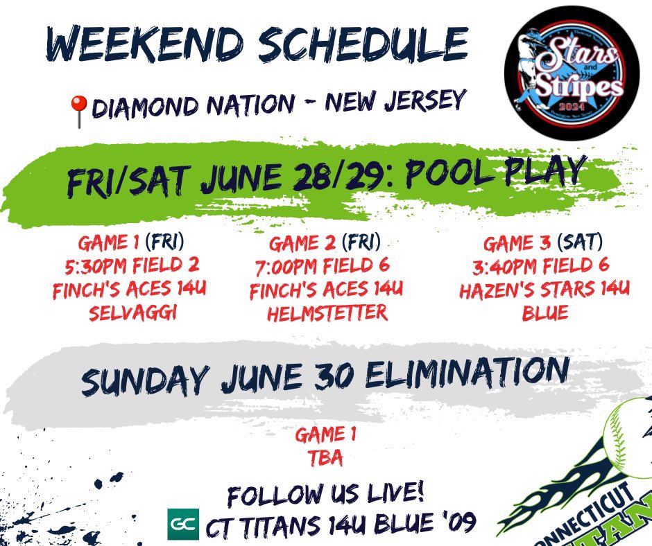 MCaouette_2027's tweet image. My schedule for this weekends tournament at Diamond Nation! #cttitans #diamondnation #newjersey