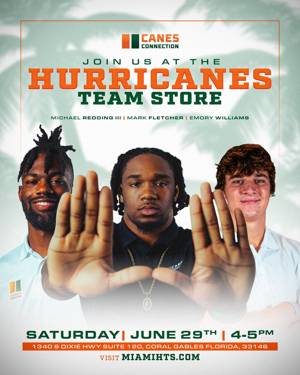 Happening this Saturday! Pass by the Hurricane Team Store to get your gear signed by some of my fellow Canes Connection brothers! Come out and show your support! 🙌🏻