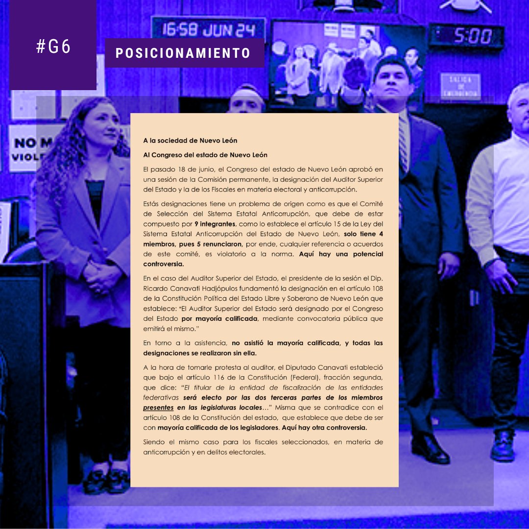 grupodelasseis's tweet photo. Estás designaciones tienen un problema de origen. Comité de Selección del SEANL, que debe de estar compuesto por 9 integrantes, solo tiene 4 miembros, pues 5 renunciaron, por ende, cualquier referencia o acuerdos de este comité, es violatorio a la norma.
#G6
@CongresoNL
#SEANL https://t.co/aKaSbFMRmJ
