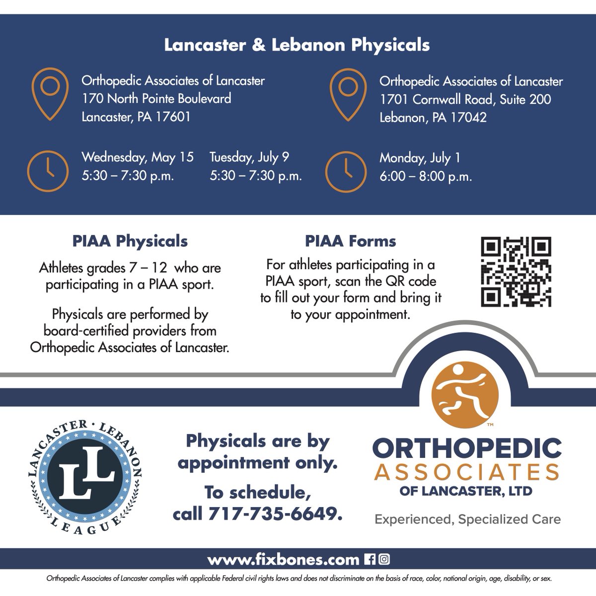 FREE PIAA Physicals for the 2024-2025 school year courtesy of Orthopedic Associates of Lancaster!!
Two dates remain, Monday July 1 and Tuesday July 9th.  Don't let paperwork get in the way of practice!