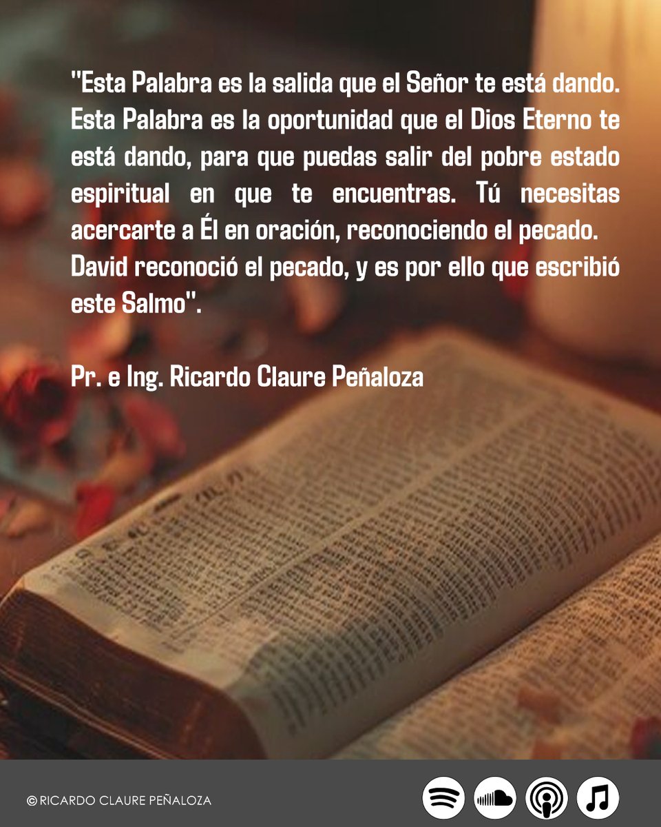 RicardoClaureP's tweet photo. ✨ Cuando uno peca, entra en enemistad con Dios y en amistad con el mundo. Y aunque uno intente ocultar su iniquidad, se aleje de Dios y busque refugiarse en lo que no conviene, Dios conoce nuestro pecado, puesto que todo está delante de Él. 

Si estás huyendo del Dios Todopoderoso, ya no lo hagas más. Tu corazón necesita ser limpiado. 

¿Qué debes hacer? Buscar la piedad, la misericordia y el perdón de Jesús. Y sólo lo hallarás, si nace de ti verdadero arrepentimiento. 

No caigas en el engaño de la culpa, pues ésta te hace pensar que sintiéndonos así, culpable, ya estás libre de pecado. Mas para lograr una transformación profunda, necesitas acercarte a Dios, y con sinceridad pedir perdón. 

Si has estado en un estado de pobreza espiritual, dureza de corazón y pecado, escucha este hermoso y revelador mensaje; que el Dios de la Biblia renueve un espíritu recto en ti #hoy. 

Haz clic en el enlace. https://t.co/7ebcxI6vfl

#RicardoClaurePeñaloza #Biblia #Jesus #podcast #podcastcristiano #Spotify #Anchor #Applepodcast #DiosEsBueno #DiosEsAmor #JesusEsVida #Bolivia #Peru #Chile #Argentina #Venezuela #España #Guatemala #EstadosUnidos