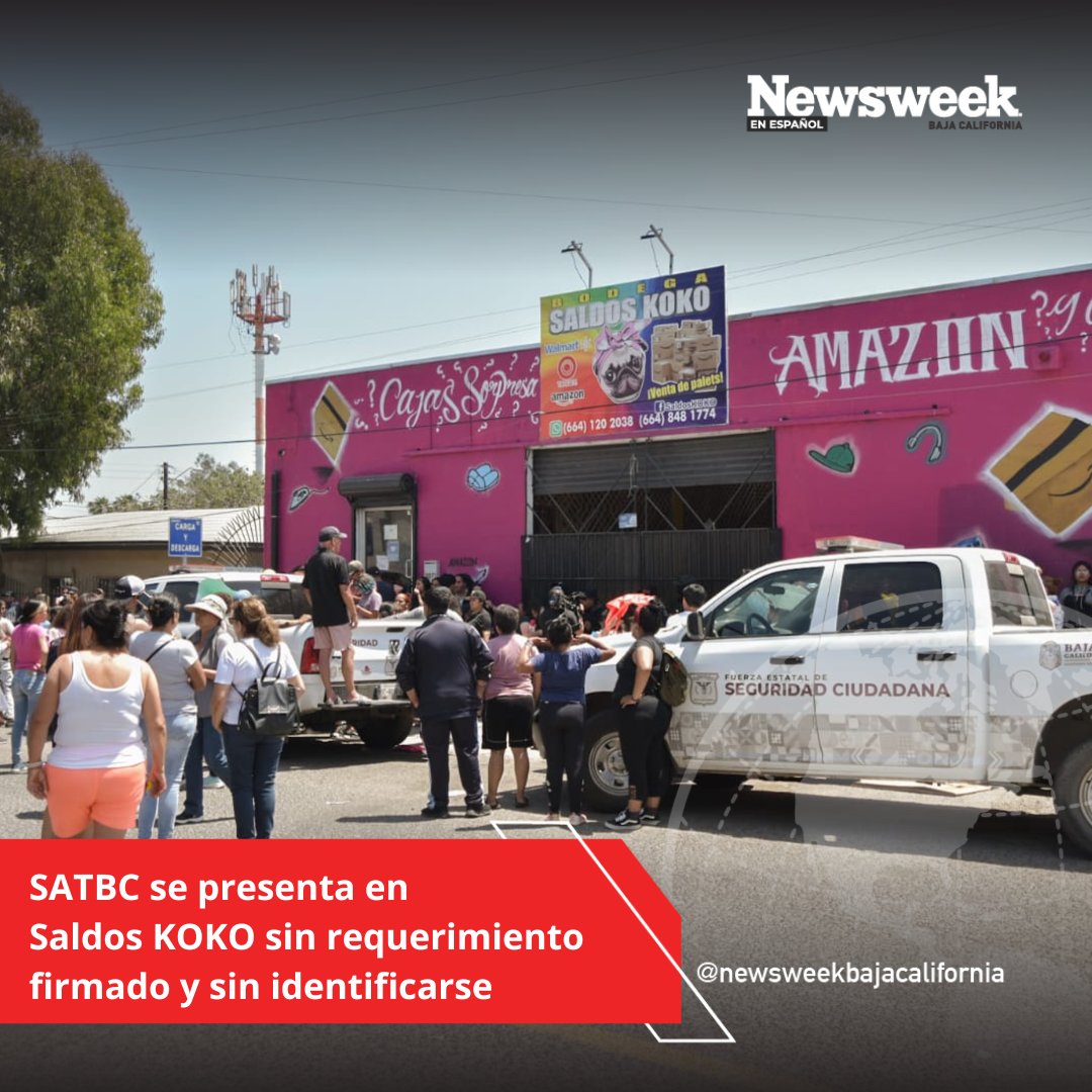 BCNewsweek's tweet photo. La justificación de la autoridad estatal fue que la visita a #SaldosKOKO era para revisar que todas las mercancías estuvieran en orden y con los permisos de importación correspondiente, sin embargo, cuando la propietaria comenzó a realizar una transmisión en vivo en sus redes sociales, los representantes del #SATBC decidieron no mostrar sus identificaciones y cubrieron sus rostros con cubrebocas.