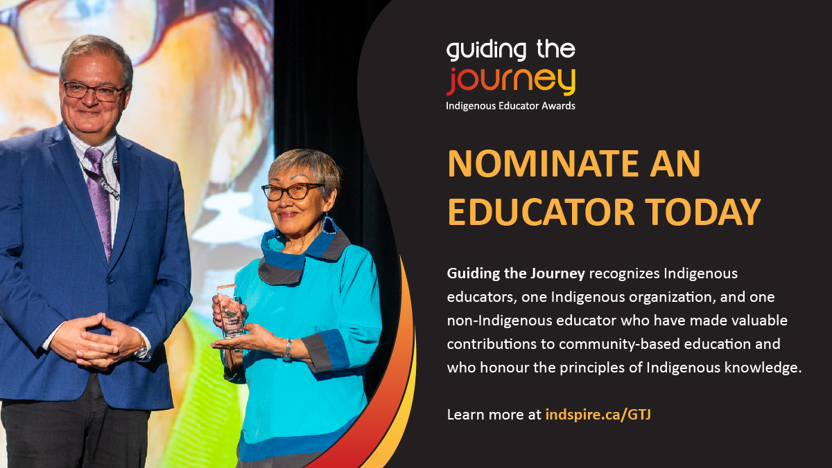 Indspire's tweet image. Do you know an #Indigenous teacher, mentor, coach or organization whose exceptional work has inspired their students and their community? 🤔 

Nominate them for a 2024 #GuidingTheJourney Award! 🏆

The deadline is 🗓️ August 15, 2024. Learn more. 👇
indspire.ca/events/guiding…

#GTJ