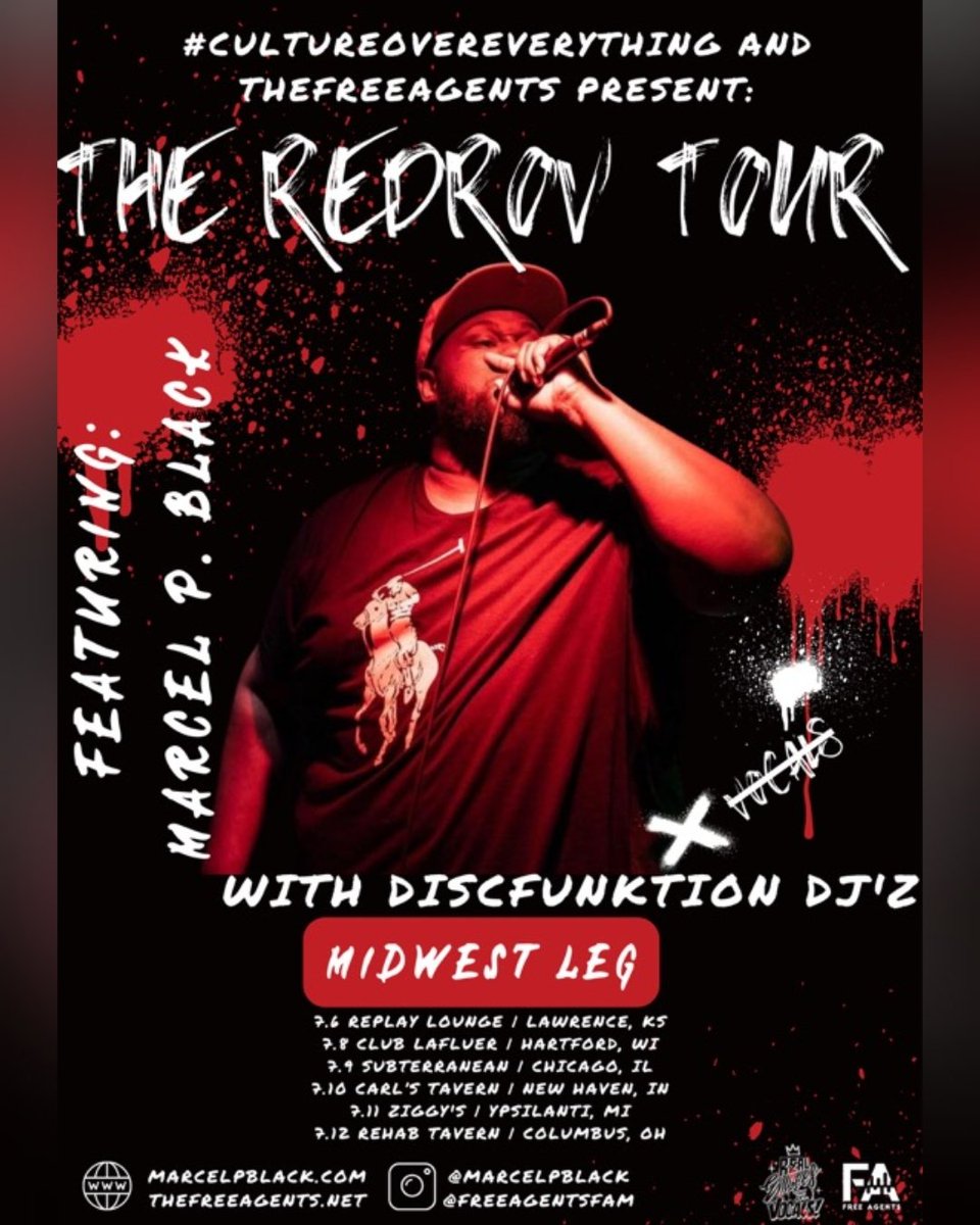 MarcelPBlack's tweet photo. Me & @funktion_z head out on the Midwest Leg of the #REDROVTour next week.
Making stops in:
7.6- Lawrence, KS
7.8- Hartford, WI
7.9- Chicago, IL
7.10- New Haven, IN
7.11- Ypsilanti, MI
7.12- Columbus, OH
Sponsored by @freeagentsfam https://t.co/Rs4NkGkpRN