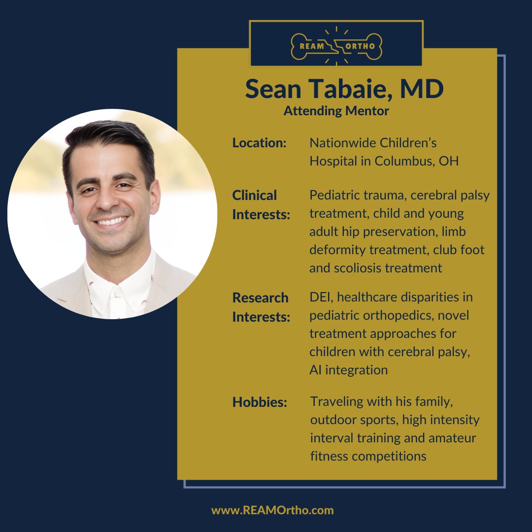 Meet our Attendings!
Dr. Tabaie's research focuses on innovation in pediatric orthopedics. He has published 60+ manuscripts on surgical outcomes in underserved populations, healthcare disparities in pediatric ortho, and novel tx approaches for cerebral palsy.

#Orthotwitter