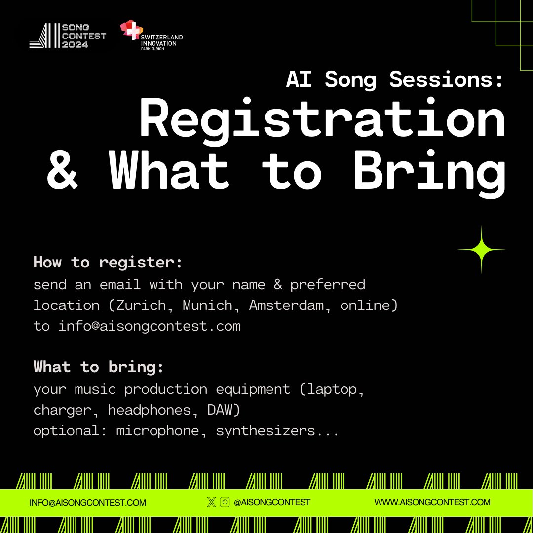 AI Song Contest (@aisongcontest) on Twitter photo Get ready for the next AI Song Contest with #AISongSessions! Join us on July 10, 2024, from 4:30 pm - 9 pm CEST in Zurich, Amsterdam, Munich, or online. 🎶🤖 Explore AI tools in songwriting & production with experts. Sign up by July 5 at info@aisongcontest.com! #AI #Music Get ready for the next AI Song Contest with #AISongSessions! Join us on July 10, 2024, from 4:30 pm - 9 pm CEST in Zurich, Amsterdam, Munich, or online. 🎶🤖 Explore AI tools in songwriting & production with experts. Sign up by July 5 at info@aisongcontest.com! #AI #Music