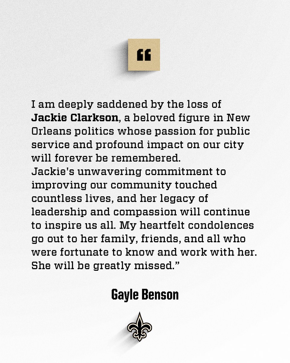 Saints's tweet photo. Mrs. Benson on the passing of former New Orleans City Council member Jackie Clarkson https://t.co/0TIQoVMvzd