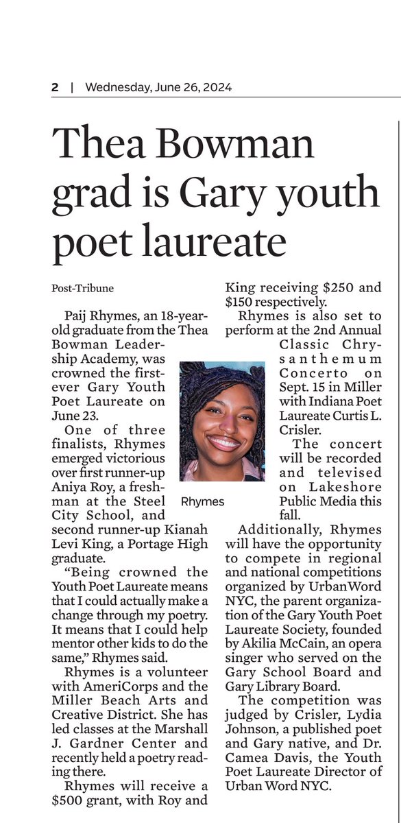 GIYouthPoet's tweet photo. Gary Youth Poet Laureate Paij Rhymes is  a @theabowmank12 grad, Class of 2024. #GaryYouthPoet @PostTrib https://t.co/0vquf4eJ78