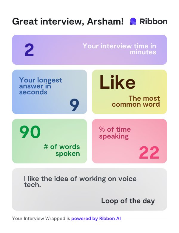 every Ribboner who interviews with Recruit AI now gets a cute shareable summary of their interview

the first of many features to make sure you’re never ghosted without feedback again