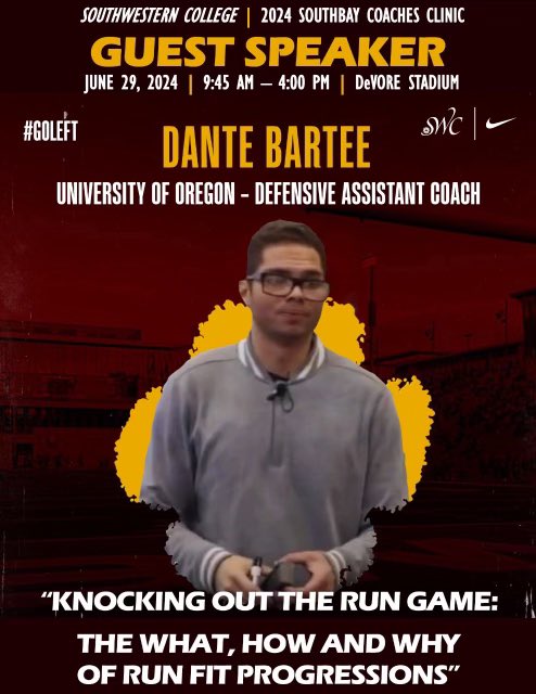 Southwestern College Football (@swcjaguarfb) on Twitter photo Introducing Guest Speaker
<a href="/BarteeDante/">Coach Bartee</a>
One of country’s most impressive coaches since being a full time NCAA coach at 21yo, successful DC, and now assisting <a href="/oregonfootball/">Oregon Football</a> chase a National Championship. Bartee is a football prodigy.
Walk Up Registration:
9:00 AM – 9:45 AM Introducing Guest Speaker
<a href="/BarteeDante/">Coach Bartee</a>
One of country’s most impressive coaches since being a full time NCAA coach at 21yo, successful DC, and now assisting <a href="/oregonfootball/">Oregon Football</a> chase a National Championship. Bartee is a football prodigy.
Walk Up Registration:
9:00 AM – 9:45 AM