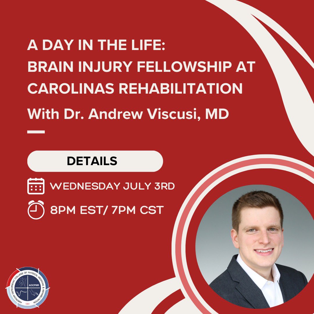 aocpmr's tweet photo. 🧠 Please join us for our Neurorehab/Medically Complex Fellowship series on Wednesday, July 3rd at 7pm CST/8pm EST, focusing on the Brain Injury Medicine Fellowship at Carolinas Rehabilitation with Dr. Andrew Viscusi, the incoming fellow! https://t.co/dNzlZcwEny