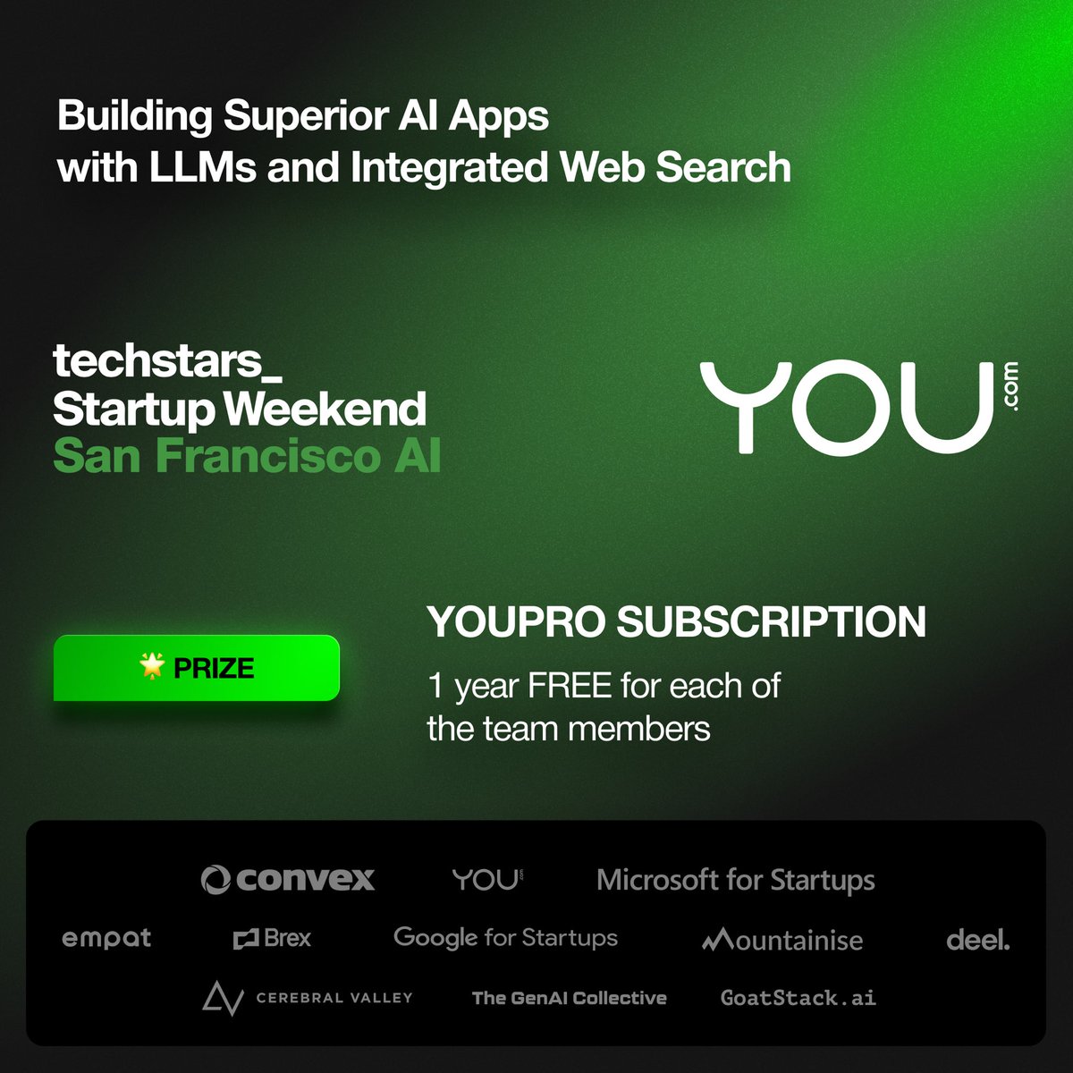 you.com (@youdotcom) on Twitter photo Join us this weekend at the <a href="/TechstarsSWSF/">Techstars Startup Weekend San Francisco AI</a> Startup Weekend in SF from June 28-30 with <a href="/neffko/">Nazar Gulyk</a> <a href="/yfilipch/">Yurii Filipchuk🇺🇦 — e/acc</a> @JulianaChyzhova
Winners of our prize track will get 1 year free YouPro subscriptions 🙌
#StartupWeekendSF Join us this weekend at the <a href="/TechstarsSWSF/">Techstars Startup Weekend San Francisco AI</a> Startup Weekend in SF from June 28-30 with <a href="/neffko/">Nazar Gulyk</a> <a href="/yfilipch/">Yurii Filipchuk🇺🇦 — e/acc</a> @JulianaChyzhova
Winners of our prize track will get 1 year free YouPro subscriptions 🙌
#StartupWeekendSF