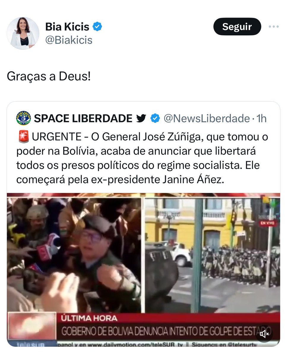 A deputada bolsonarista, Bia Kicis (DF), celebrando a tentativa de golpe na Bolívia. Vergonha!
