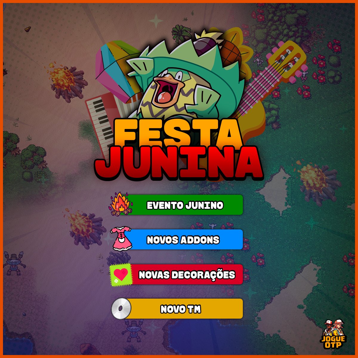 Hoje realizamos uma nova atualização, para logar é necessário atualizar o cliente (para isso basta abrir o launcher). Confira as novidades:

- Evento Junino liberado
- Novos addons
- Novas decorações
- Novo TM

Para mais informações acesse nossa Wiki: wiki.otpokemon.com/index.php/Upda…