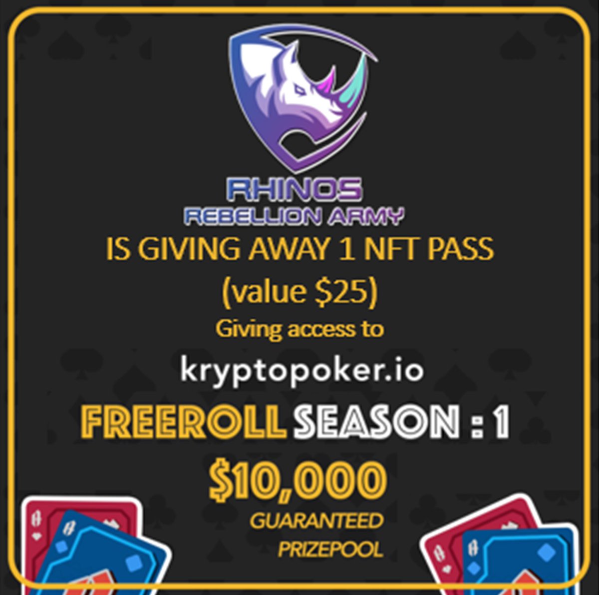 W.A.R. (We Are Rhinos) minting soon (@rhinosrebellion) on Twitter photo 🎉GIVEAWAY🎉
Try to win 1 #NFT (value $25) giving access to <a href="/kryptopoker/">Kryptopoker.io</a> #FreeRoll Season 1
To participate:
- Follow <a href="/kryptopoker/">Kryptopoker.io</a> & <a href="/RhinosRebellion/">W.A.R. (We Are Rhinos) minting soon</a>
- ❤️+ RT + Tag 2 Friends
Winner will be picked in 24h
#poker #Web3 #giveaway 🎉GIVEAWAY🎉
Try to win 1 #NFT (value $25) giving access to <a href="/kryptopoker/">Kryptopoker.io</a> #FreeRoll Season 1
To participate:
- Follow <a href="/kryptopoker/">Kryptopoker.io</a> & <a href="/RhinosRebellion/">W.A.R. (We Are Rhinos) minting soon</a>
- ❤️+ RT + Tag 2 Friends
Winner will be picked in 24h
#poker #Web3 #giveaway