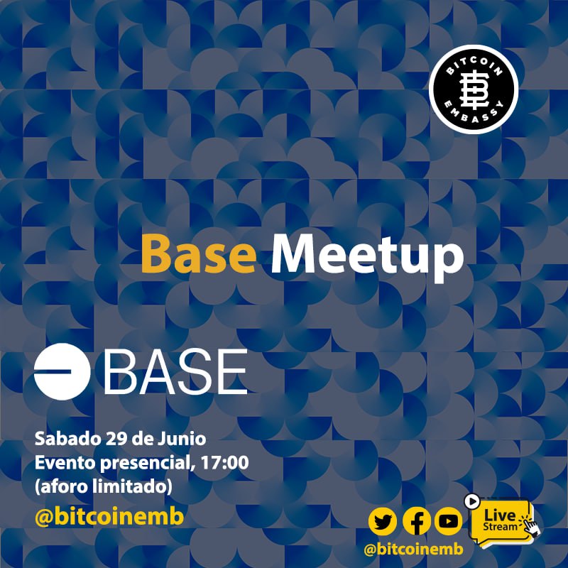 ¡Prepárate para un un fin de semana de #meetup! 🎉 . Únete a nosotros y al equipo de <a href="/base/">Base</a>.  ¡Será una tarde llena de entusiasmo, aprendizaje y nuevas conexiones! 🚀✨

🔸 Fecha: Sábado, 29 de junio
🔸 Hora: 5:00 PM
🔸 Lugar: <a href="/bitcoinemb/">Bitcoin Embassy Bar</a>

#Meetup #Innovación #Blockchain #dApps
