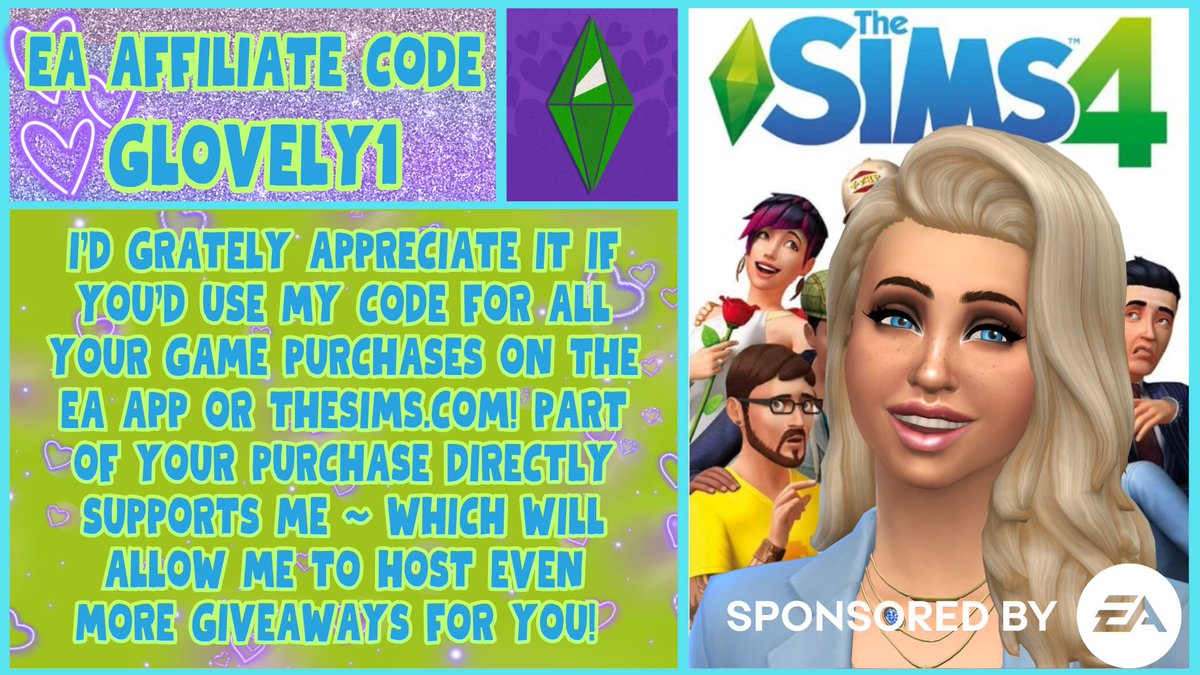 lovely1_g's tweet image. I'm SO excited and grateful to be an EA Affiliate! 💜Please think of me, GLovely1, when purchasing your future Sims games! 💜 #TheSims4 #SponsoredByEA #EACreatorNetwork