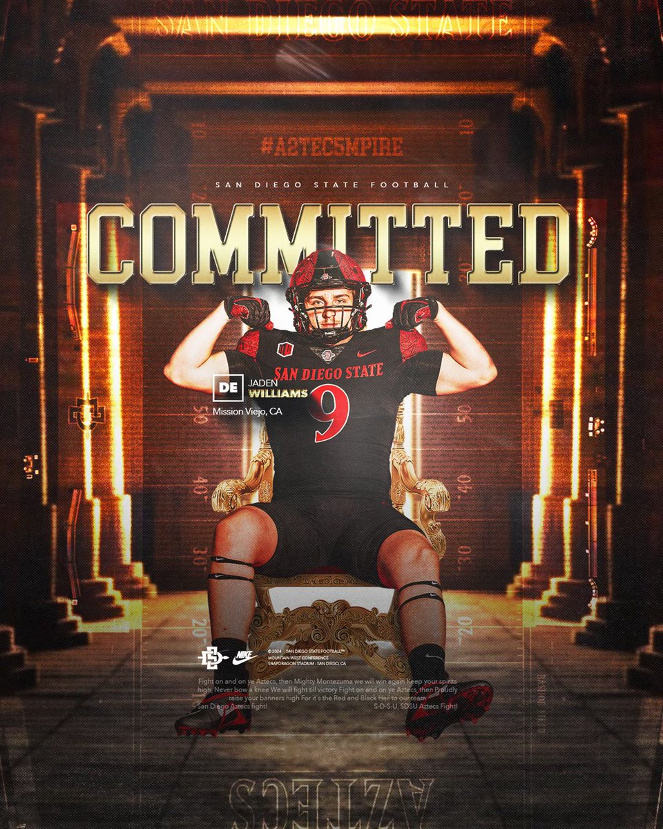 I am BLESSED to say that I have to COMMITTED to San Diego State University!!!! Thank you to all the family, Coaches, and Mentors that have helped me get to where I am now! <a href="/TheHC_CoachLew/">🔴 Sean Lewis ⚫️</a> <a href="/RobAurich/">Coach Aurich</a> <a href="/AztecFB/">San Diego State Football</a> <a href="/GregBiggins/">Greg Biggins</a> <a href="/SaddlebackStre1/">Saddleback Strength & Conditioning</a> <a href="/llcdub/">Charles Wright</a> <a href="/diablocjohnson/">Chad Johnson</a>