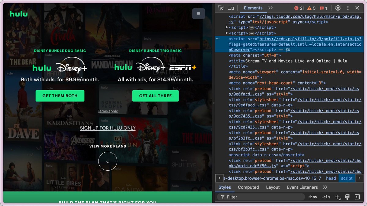 theo's tweet photo. Hey @hulu, just so you know, you are currently compromised. By including the polyfill dot io domain, you are allowing a malicious third party to run whatever JS they want on all clients.

You need to fix this ASAP. https://t.co/9p76CZnWIq
