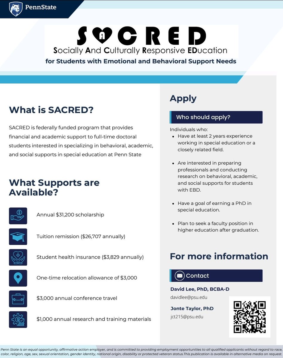 JT Taylor (@docjttaylor) on Twitter photo Know anyone with at least 3 years experience in special education, particularly working with students who need emotional or behavioral support?
<a href="/PSU_CollegeOfEd/">Penn State College of Education</a> #SpecialEducation program has a doctoral opportunity.
<a href="/CECMembership/">Council for Exceptional Children</a> <a href="/DDEL_CEC/">DDEL</a> <a href="/DEBHmembers/">DEBH</a> <a href="/TED_CEC/">Teacher Education Division</a> <a href="/PACECSPED/">Pennsylvania Council for Exceptional Children</a> Know anyone with at least 3 years experience in special education, particularly working with students who need emotional or behavioral support?
<a href="/PSU_CollegeOfEd/">Penn State College of Education</a> #SpecialEducation program has a doctoral opportunity.
<a href="/CECMembership/">Council for Exceptional Children</a> <a href="/DDEL_CEC/">DDEL</a> <a href="/DEBHmembers/">DEBH</a> <a href="/TED_CEC/">Teacher Education Division</a> <a href="/PACECSPED/">Pennsylvania Council for Exceptional Children</a>