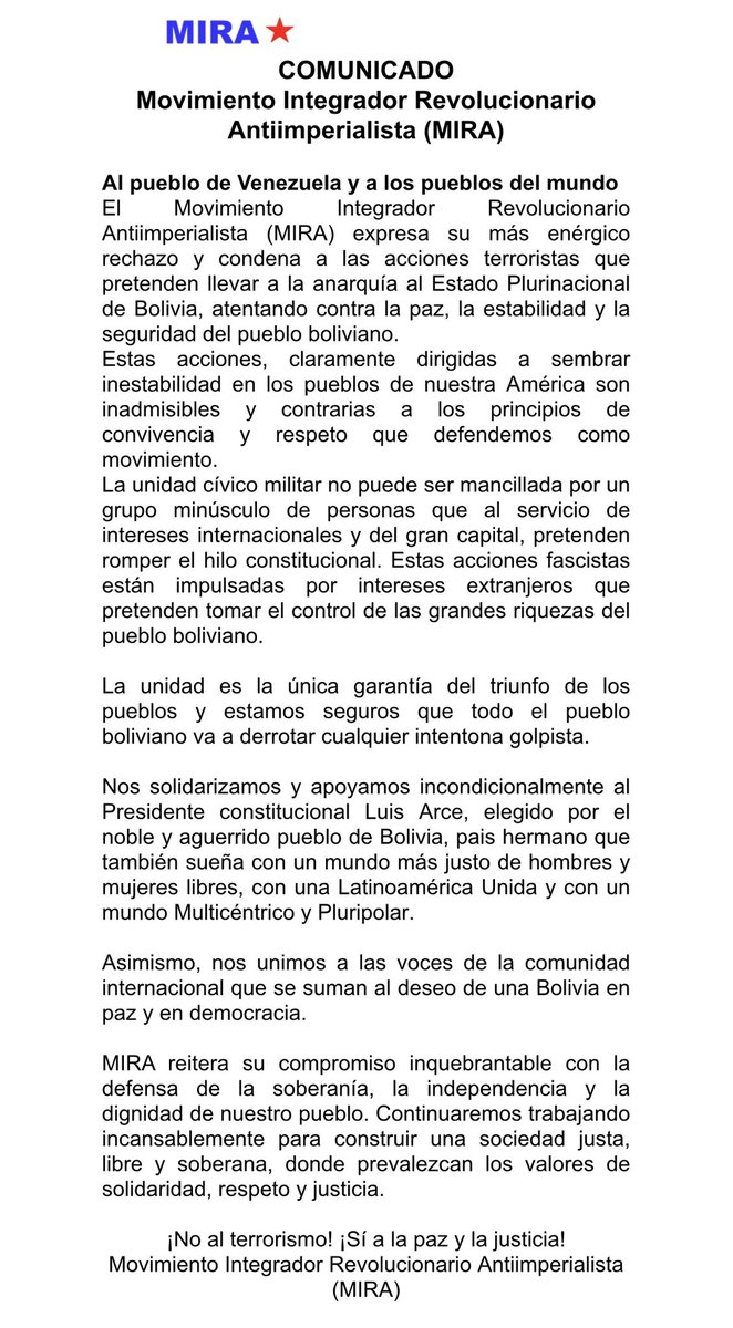 HipolitoAbreup's tweet photo. Felicitamos al pueblo boliviano por la exitosa defensa de la democracia realizada este martes 26 de junio, cuando un nuevo intento de golpe de Estado trató de repetir el ocurrido en 2019… Ante rebrote fascista impulsado desde el norte contra Latinoamérica, la UNIDAD REVOLUCIONARIA es la única garantía de triunfo para la consolidación definitiva de una Patria Grande, libre de imperialismo.
¡VIVA BOLIVIA!
¡VIVA LA PATRIA GRANDE!