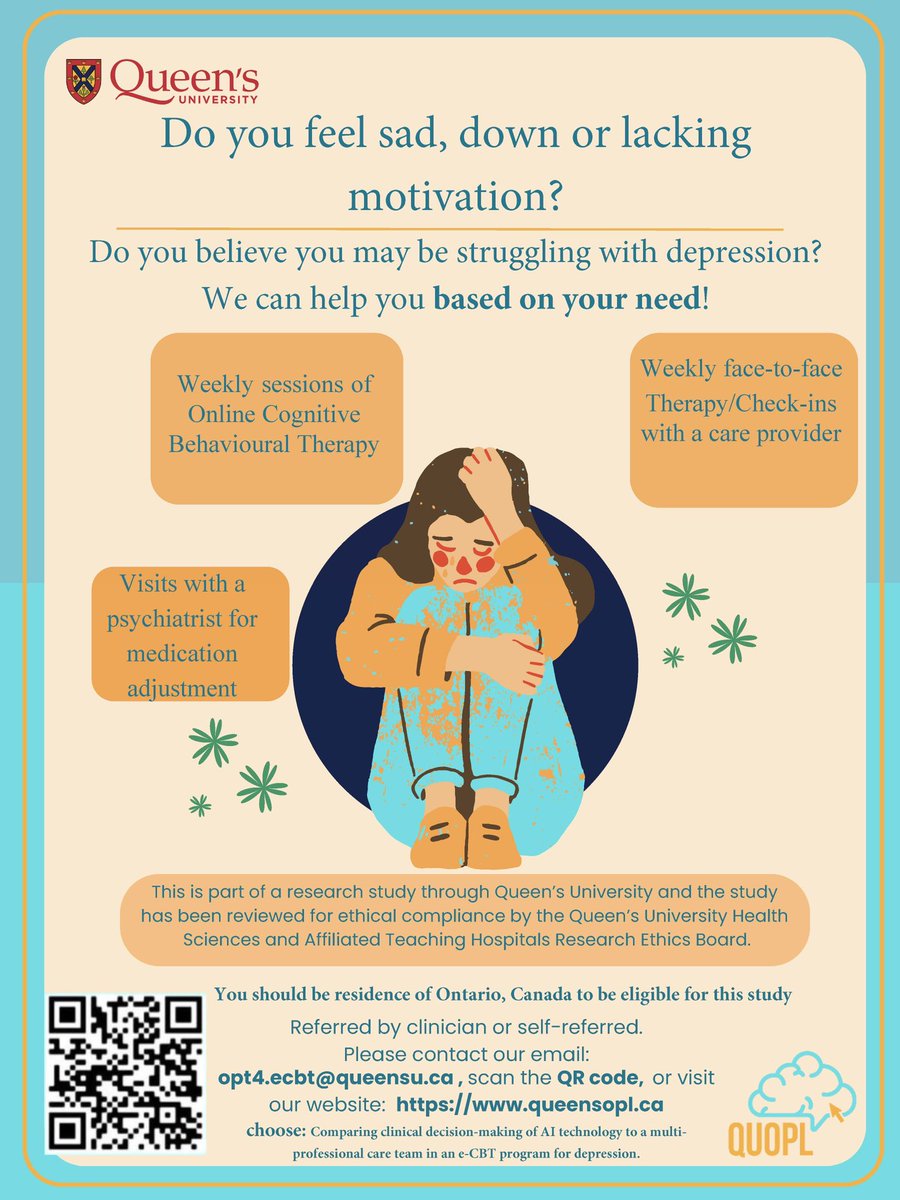 Nazanin Alavi (@alavi_nazanin) on Twitter photo 🧠 Feeling down or lacking motivation?
Struggling with depression?
Join our Queen’s University study offering
•Weekly Online CBT sessions
•Weekly face-to-face check-ins
•Visits with a psychiatrist
📧 opt4.ecbt@queensu.ca
🔗 queensopl.ca/contact-us
📱 Scan the QR code 🧠 Feeling down or lacking motivation?
Struggling with depression?
Join our Queen’s University study offering
•Weekly Online CBT sessions
•Weekly face-to-face check-ins
•Visits with a psychiatrist
📧 opt4.ecbt@queensu.ca
🔗 queensopl.ca/contact-us
📱 Scan the QR code