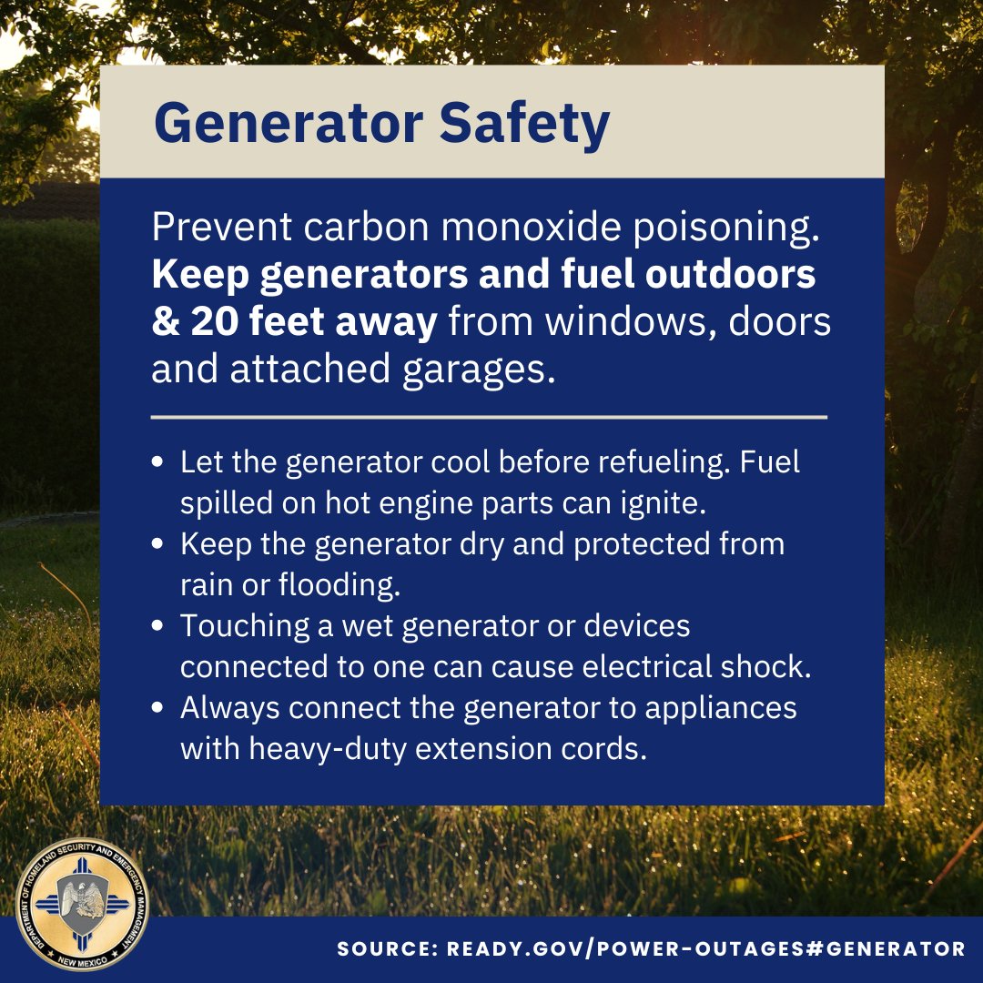 NMDHSEM's tweet photo. Generators can be helpful during power outages. Remember to keep generators outdoors and at least 20 feet away from building openings to avoid carbon dioxide poisoning. #nmfires #southfork #saltfire https://t.co/S4iG8A3Nxe