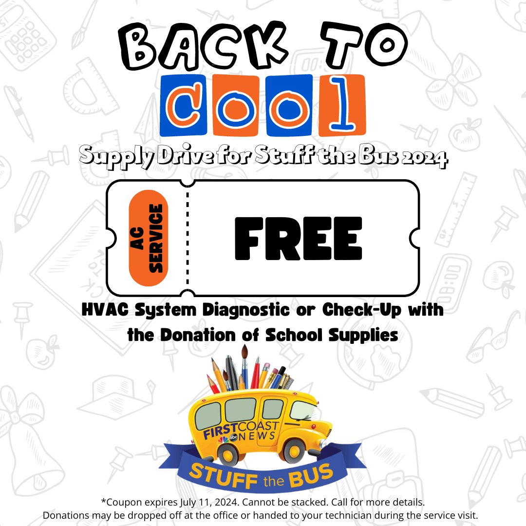 jw_jax's tweet photo. Let's help Duval and Clay Co. students get "Back to Cool" this year with our annual supply drive for Stuff the Bus! Donate school supplies and receive a complimentary HVAC diagnostic or system check-up. 

Accepting donations at 5011 Sunbeam Rd. until 7.11. #StufftheBus https://t.co/X6kKGFCatS